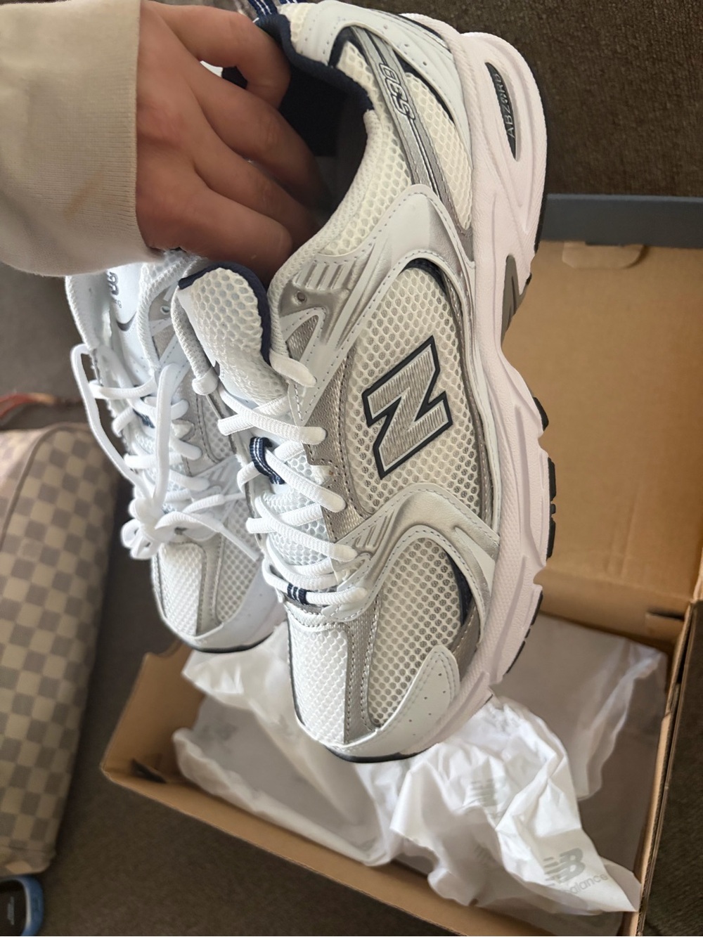 New Balance White and Silver Athletic Sneakers